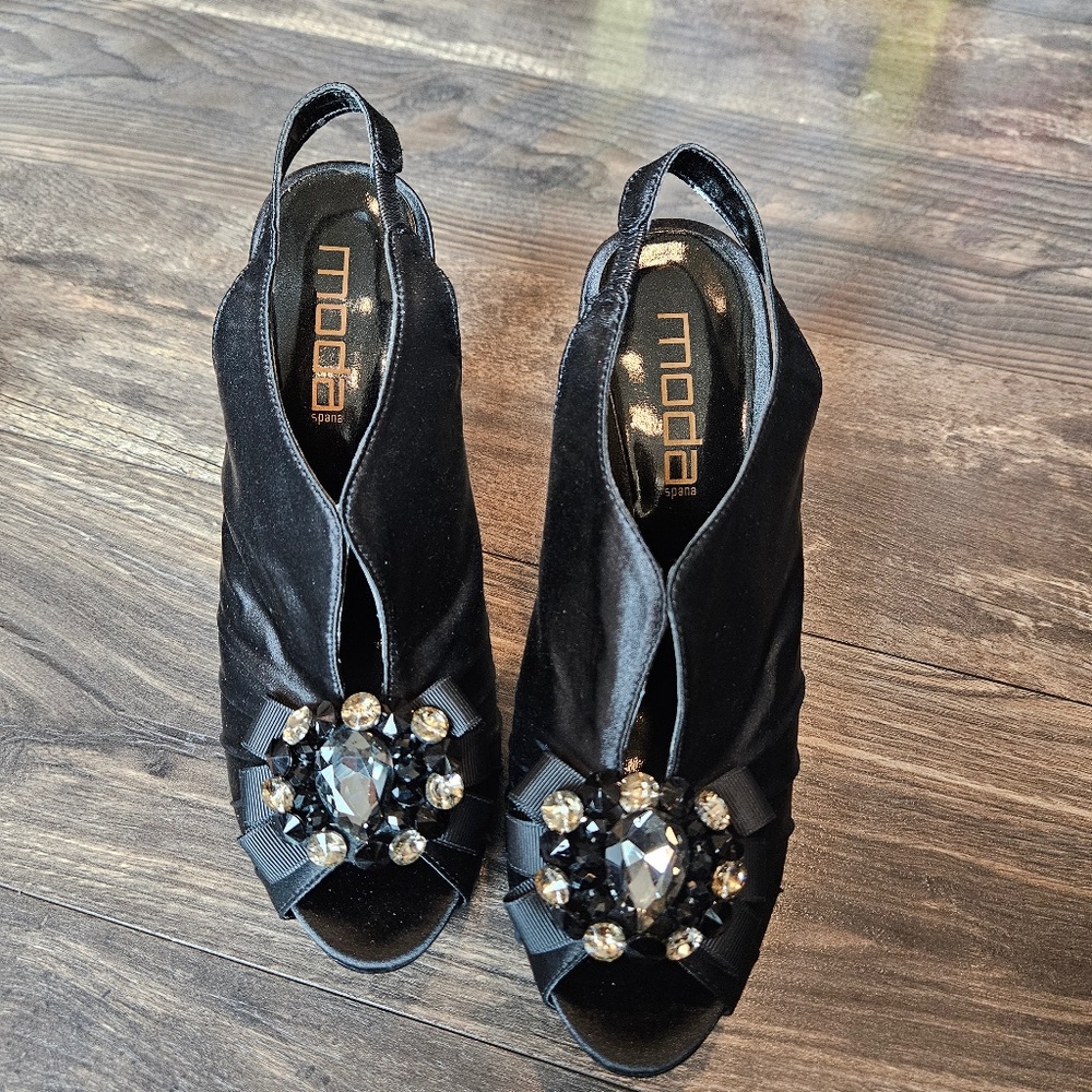 moda spana black questa jewel low heels ribbon shiny business dress up size 8